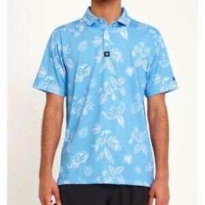 Bad Birdie Men's Sz 2XL No Fly Zone Blue Tropical Parrot Print Polo Golf Shirt